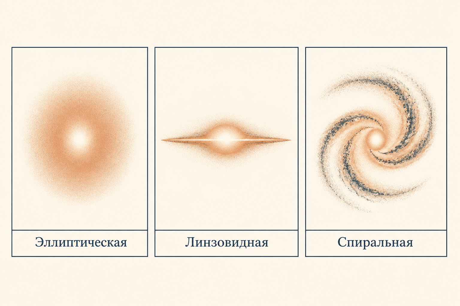 Сравнение трёх морфологических типов: гладкая эллиптическая, дисковая линзовидная без рукавов и спиральная с рукавами и пылью