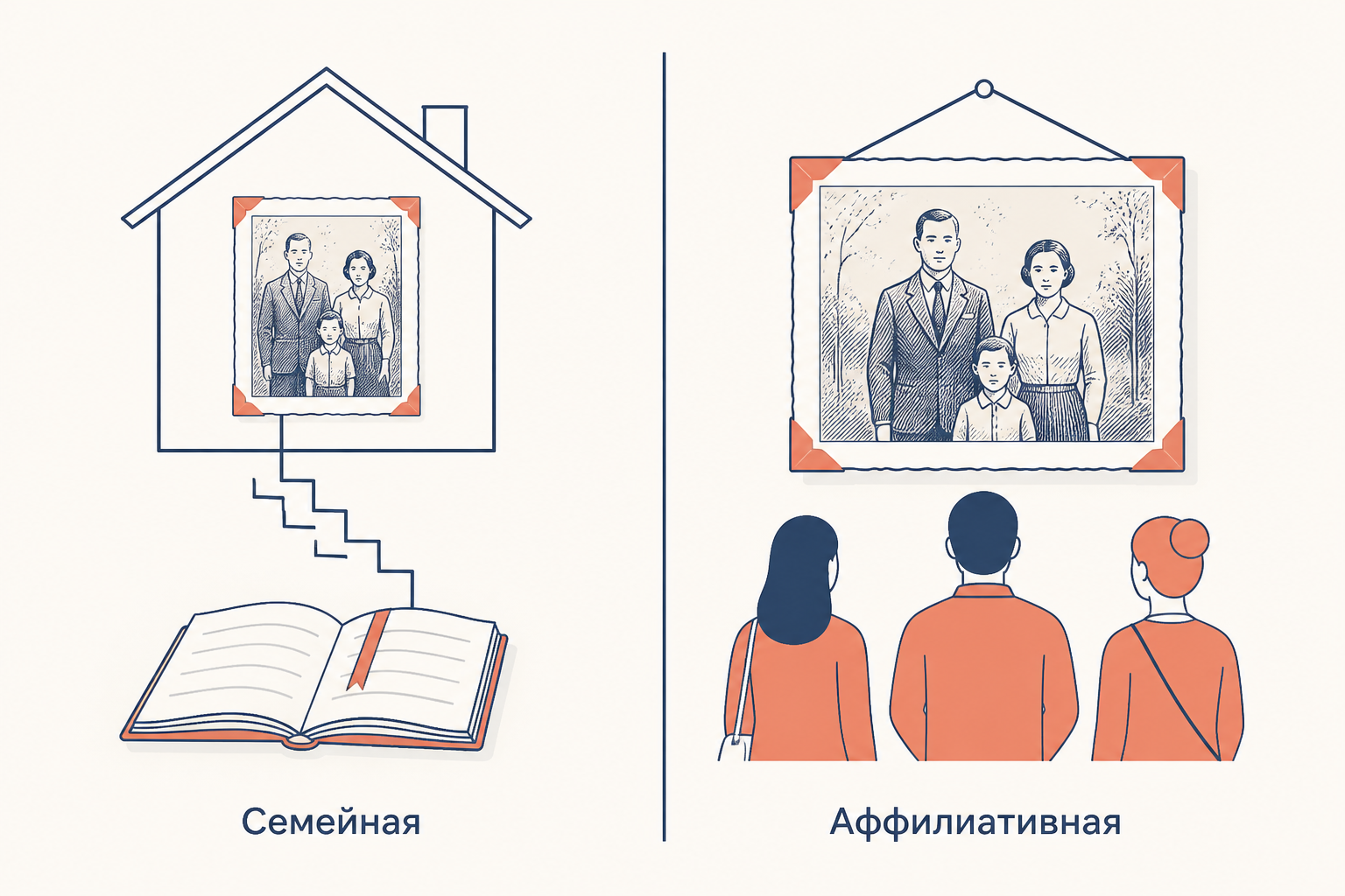 Два вида постпамяти: снимок, спускающийся внутри дома к следующему поколению, и тот же снимок на стене музея перед посторонними зрителями