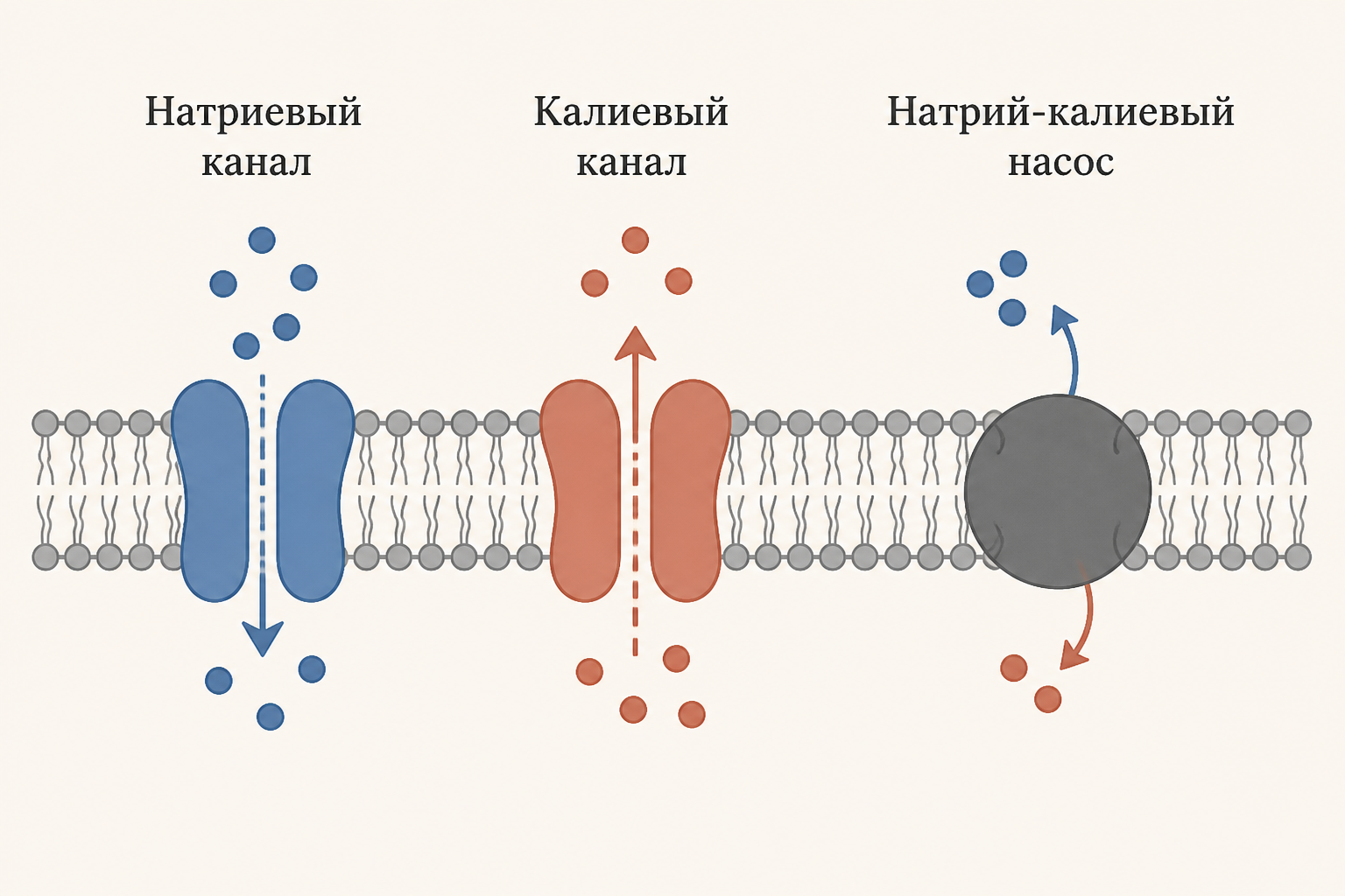 Схема мембраны с натриевым и калиевым каналами и натрий-калиевым насосом, показывающая направление ионных токов
