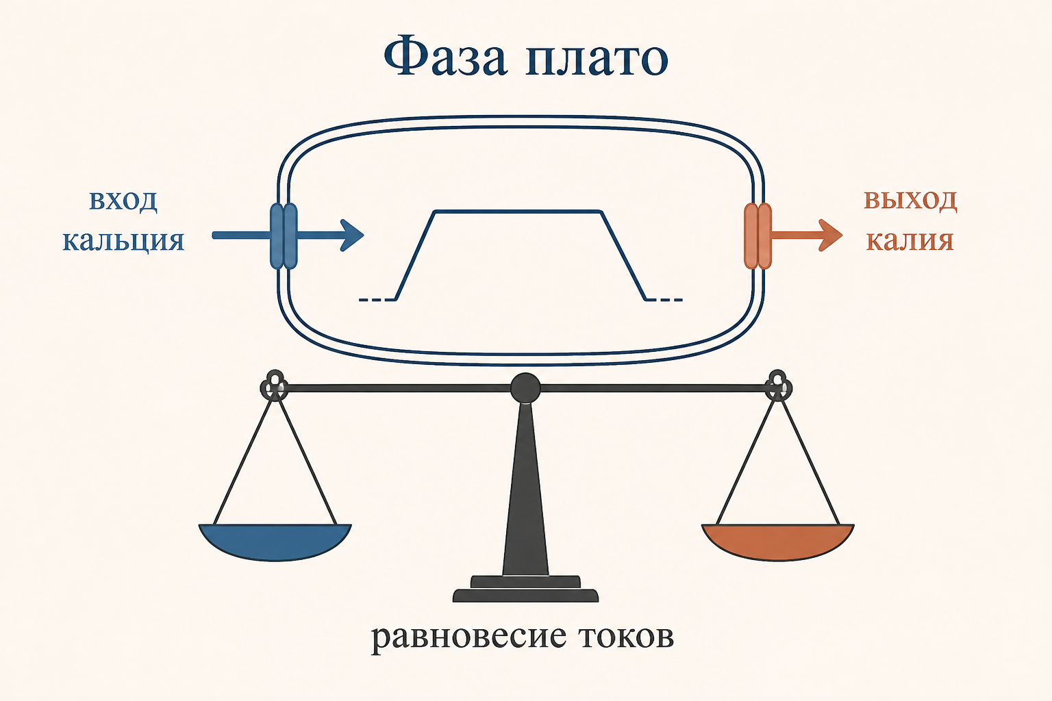 Баланс токов в фазе плато: вход кальция через каналы L-типа уравновешен выходом калия, потенциал держится на одном уровне