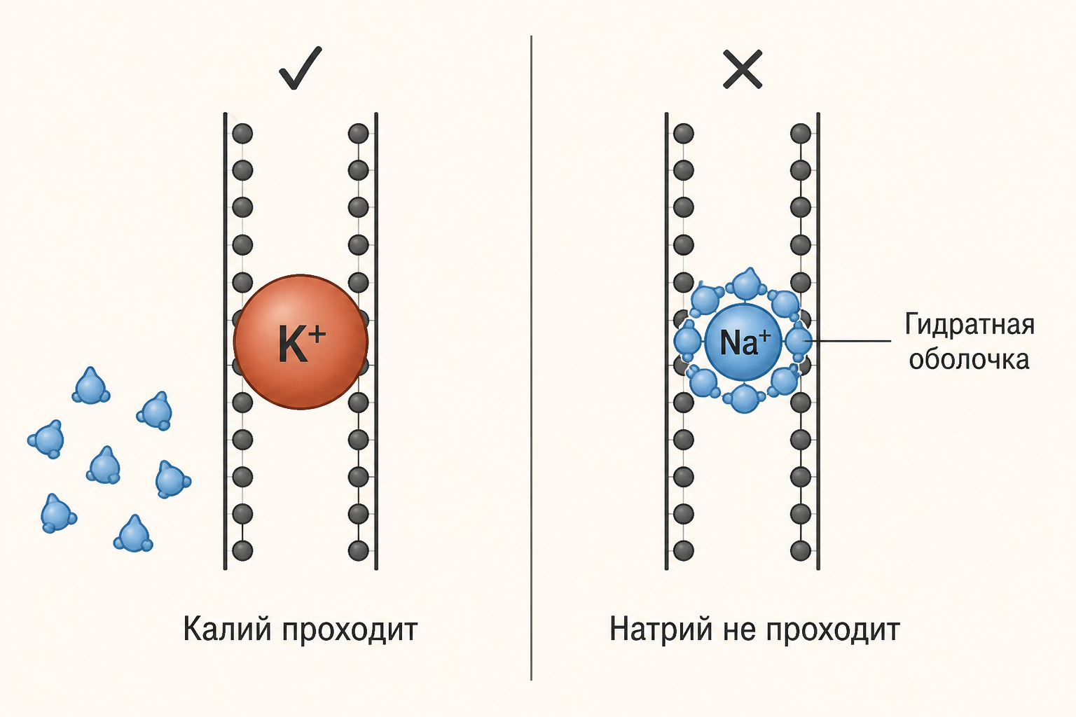 Два ионных канала рядом: ион калия без гидратной оболочки проходит узкий фильтр, ион натрия в оболочке из молекул воды не проходит