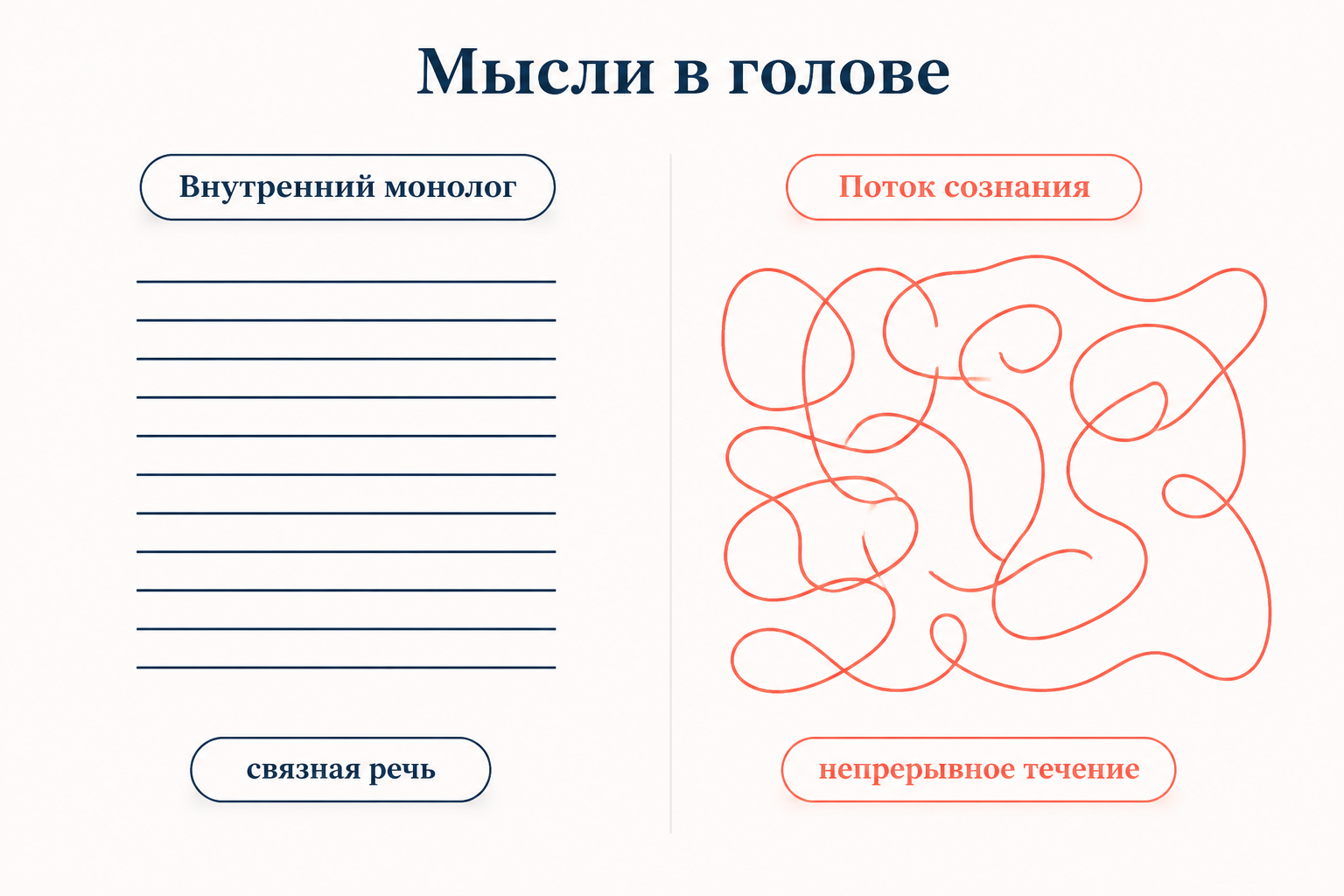 Сравнение внутреннего монолога и потока сознания: упорядоченная речь против непрерывного течения
