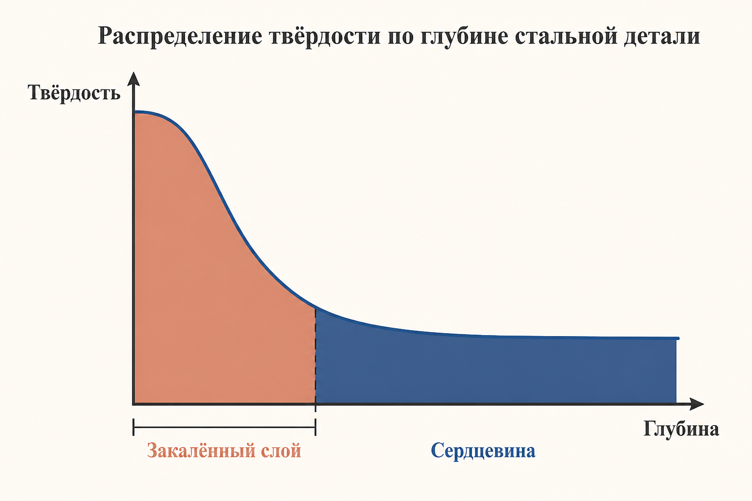 График распределения твёрдости по глубине: высокая твёрдость в закалённом слое у поверхности плавно снижается через переходную зону к мягкой вязкой сердцевине