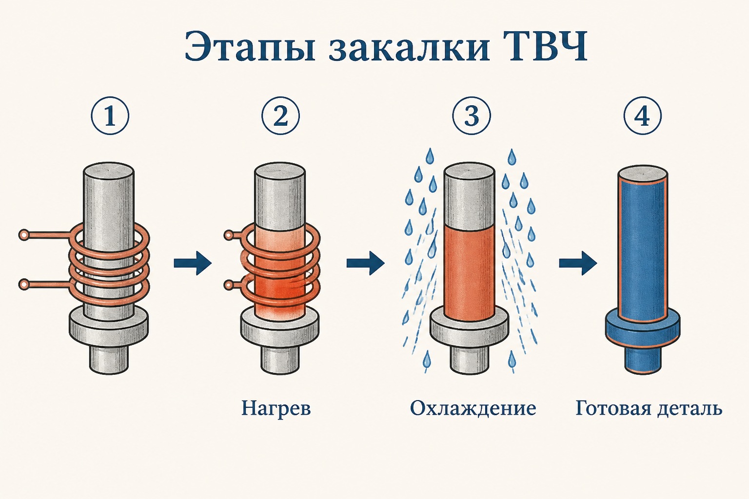 Схема закалки ТВЧ: индуктор охватывает деталь, разогревая тонкий поверхностный слой до закалочной температуры, сердцевина остаётся холодной и вязкой