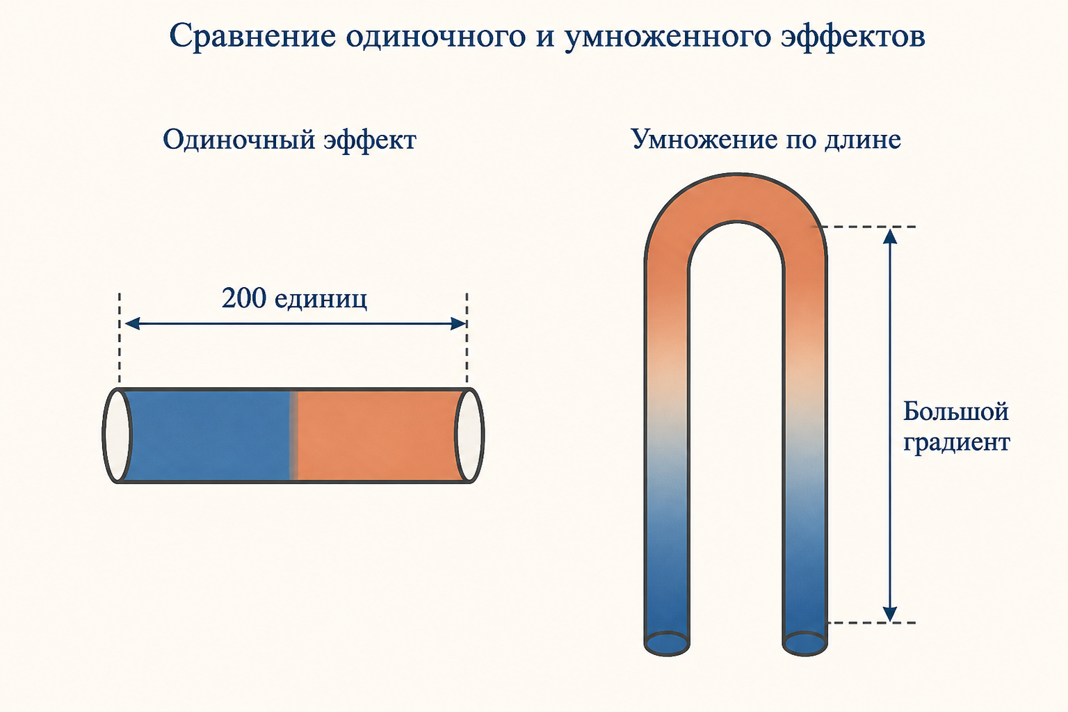 Слева одиночный поперечный эффект в 200 единиц, справа его умножение по длине петли в большой вертикальный градиент