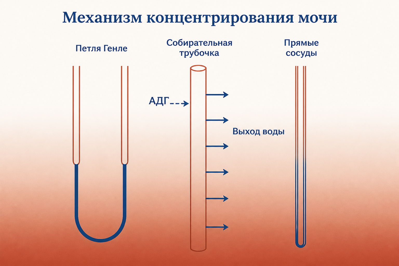 Петля Генле создаёт градиент, собирательная трубочка под действием АДГ отдаёт воду в интерстиций, прямые сосуды сохраняют градиент