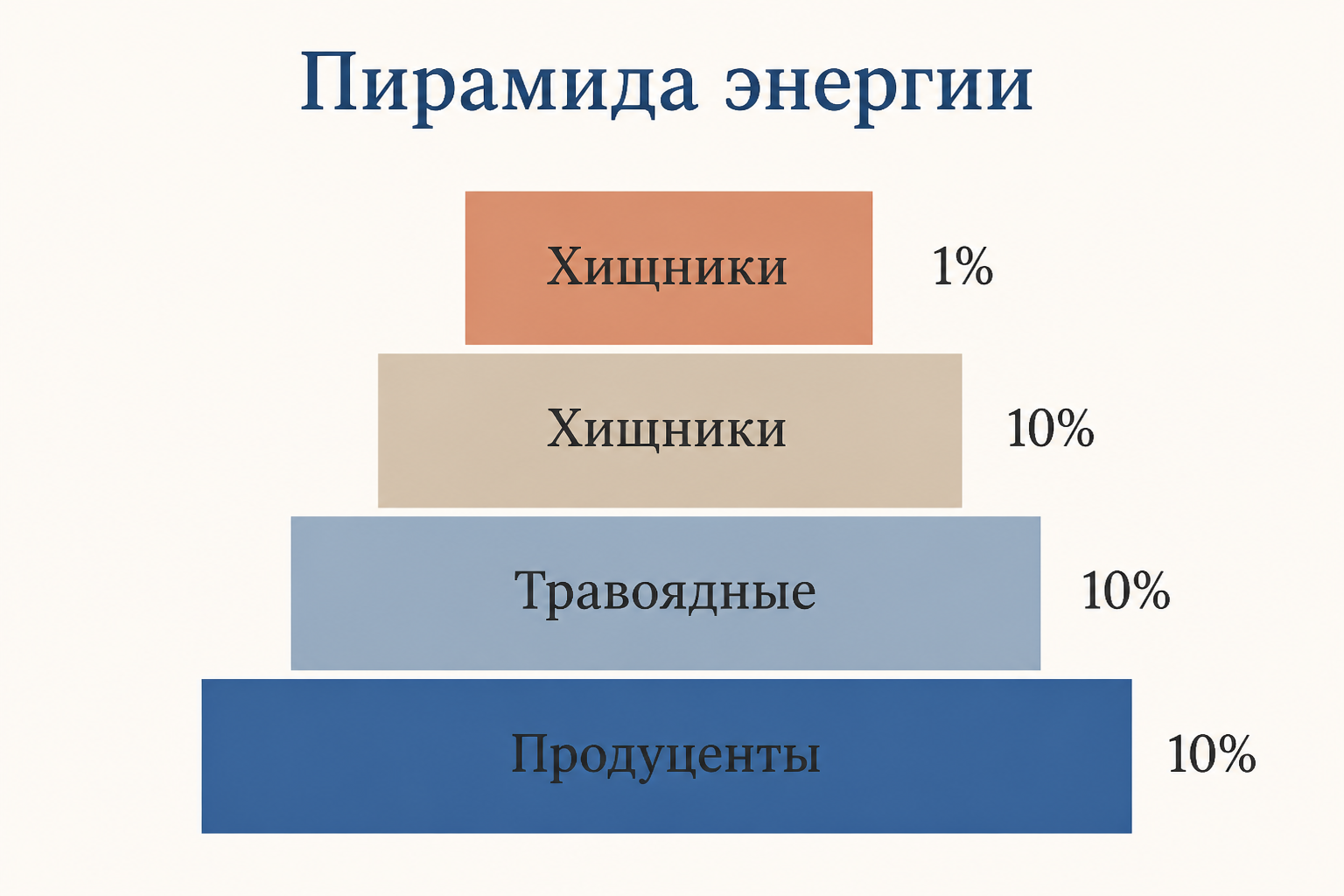 Пирамида энергии: продуценты, травоядные и хищники с подписями убывающих долей энергии по трофическим уровням
