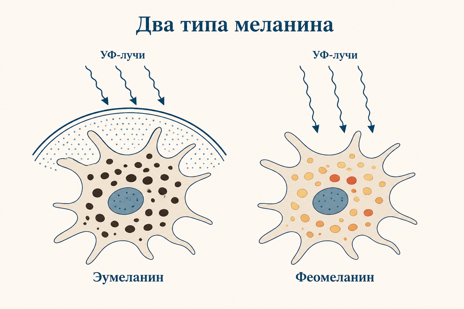 Сравнение: эумеланин поглощает UV, феомеланин - нет; схема меланоцита