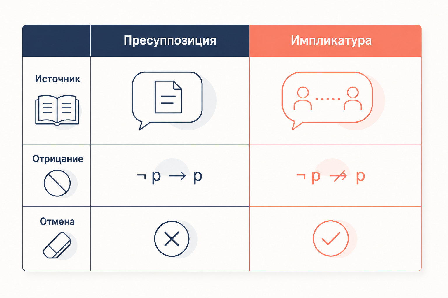 Сравнительная таблица пресуппозиции и импликатуры по трём признакам
