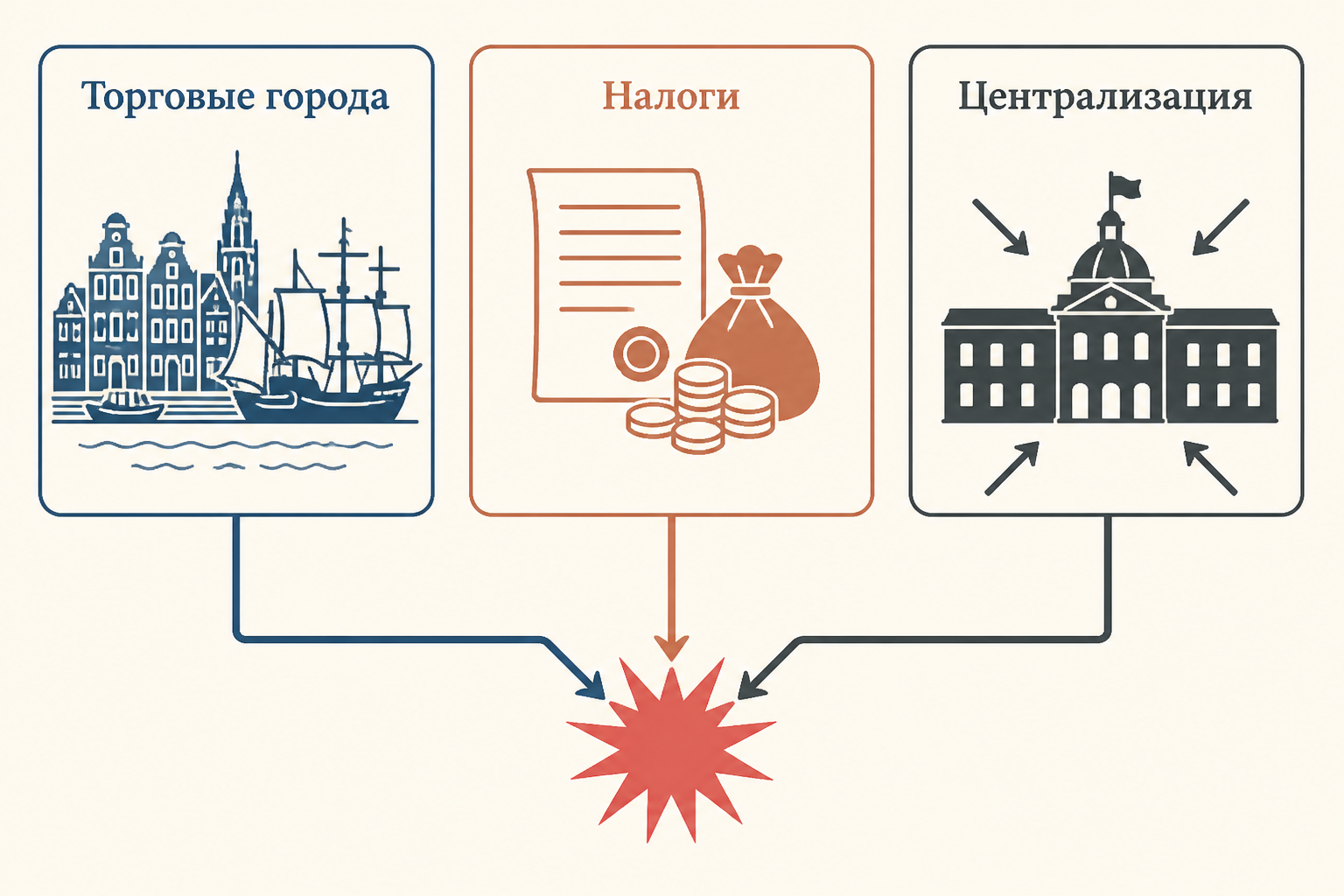 Схема экономических причин: торговые города, ремесло и налоговое давление испанской монархии