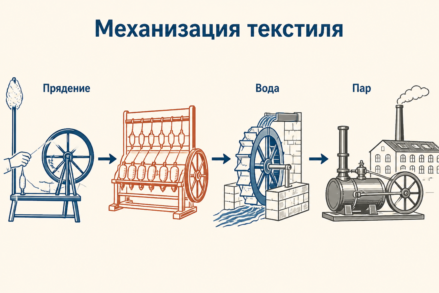 Учебная схема механизации текстиля: ткачество, прядение, водяная энергия и паровой двигатель соединяются в фабричную систему