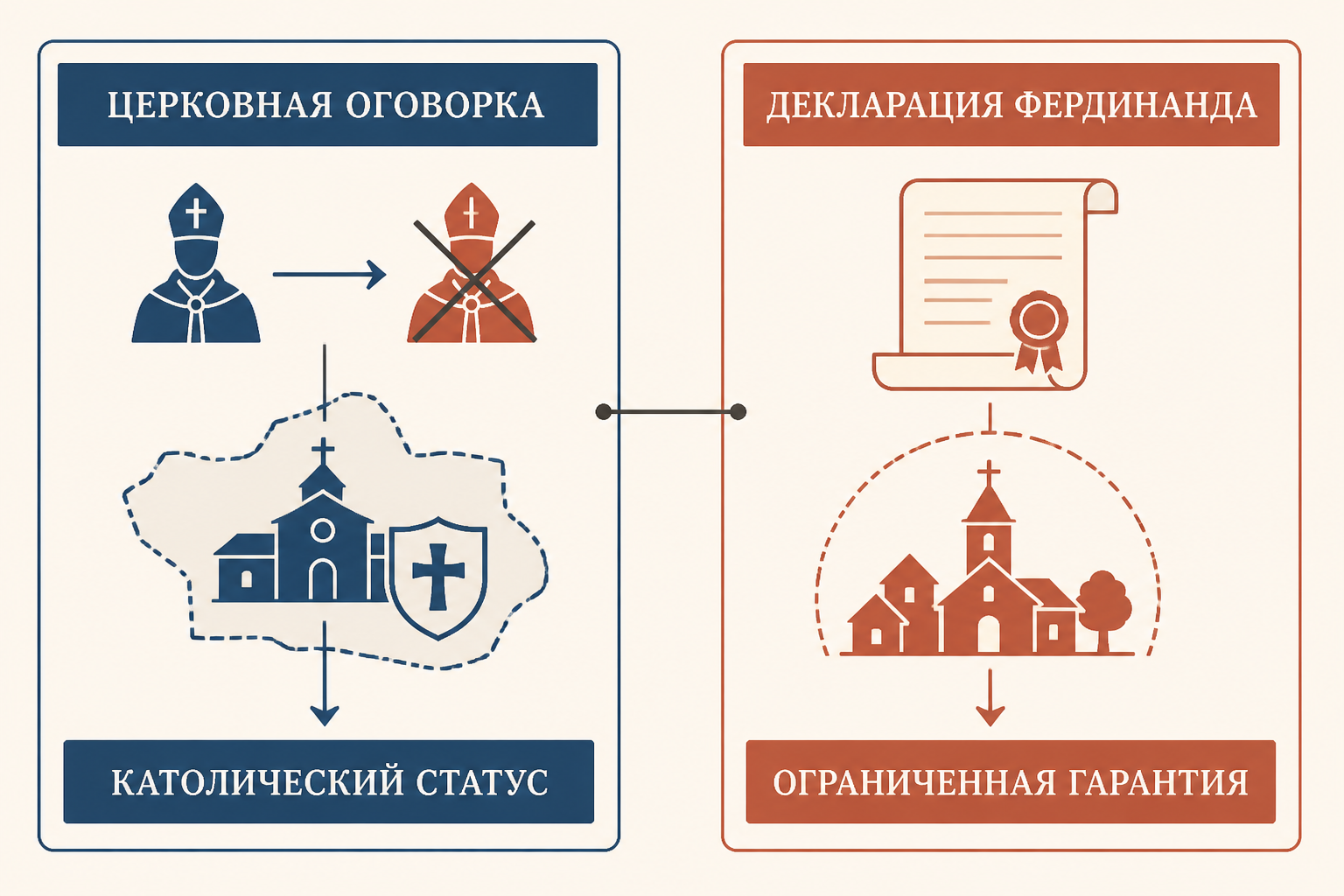 Два исключения Аугсбургского мира: церковная оговорка сохраняет католический статус духовных владений, а Декларация Фердинанда защищает отдельные лютеранские общины