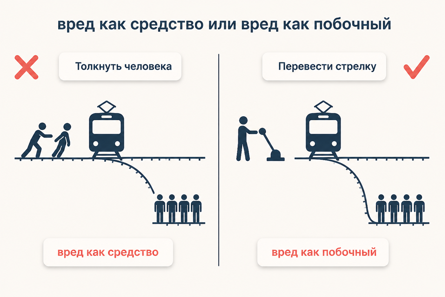Сравнение двух сценариев вагонетки: толкнуть человека это вред как средство и потому запрещено, перевести стрелку это вред как побочный эффект и потому допустимо