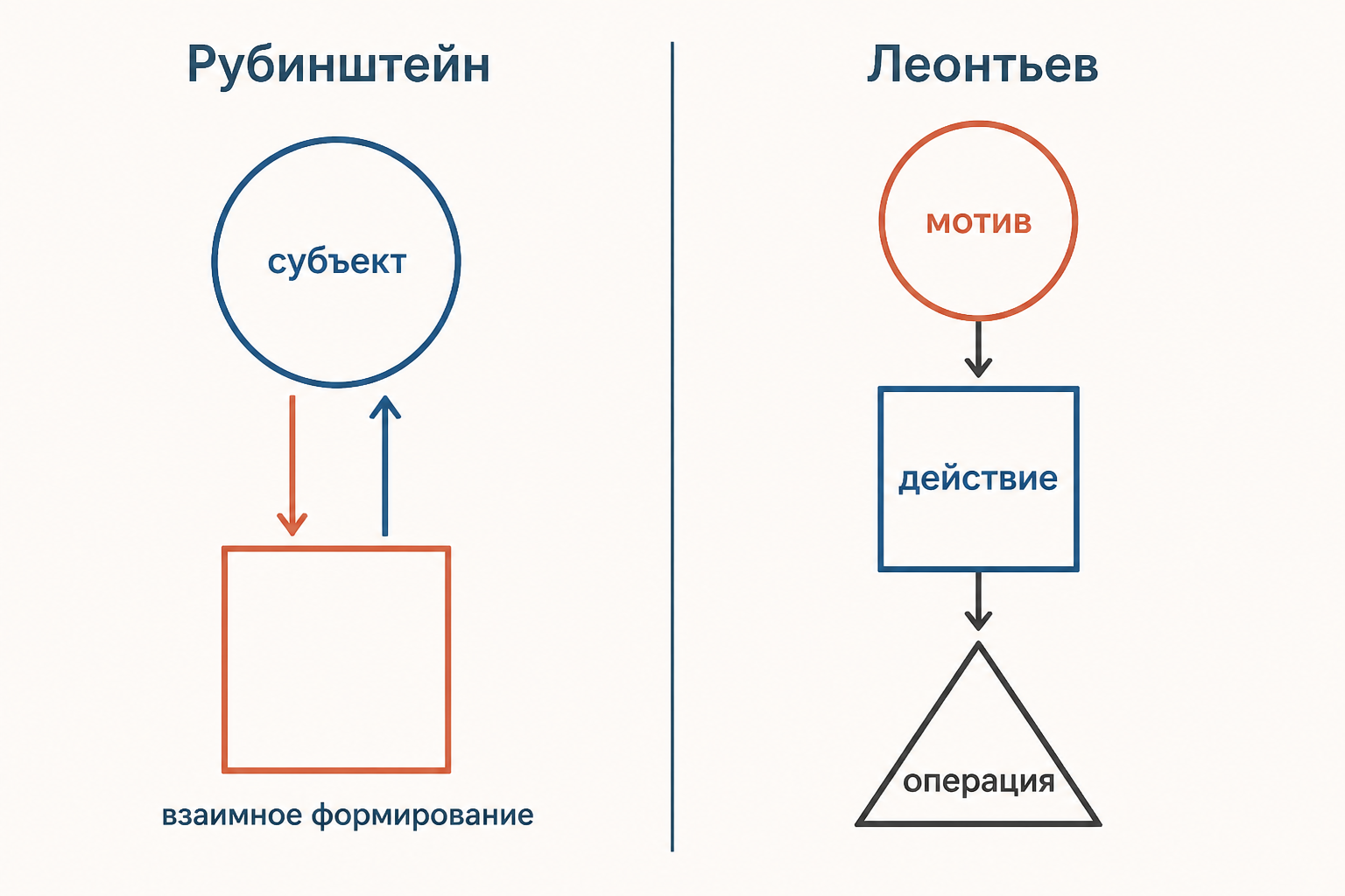 Сравнение двух акцентов: Рубинштейн - субъект и взаимное формирование, Леонтьев - уровни деятельности, мотив, действие и операция