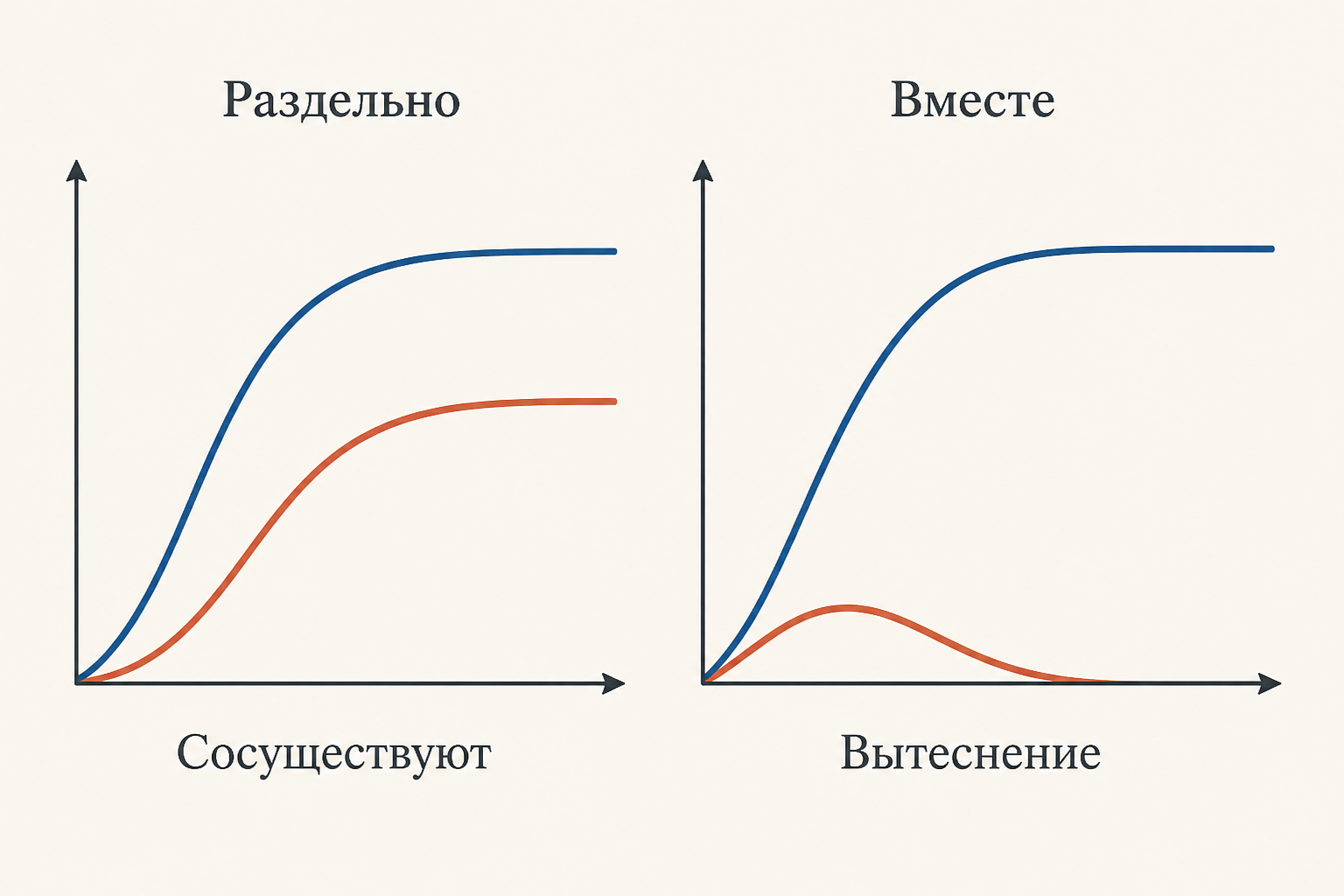 Кривые роста двух инфузорий: по отдельности оба вида достигают плато и сосуществуют, в общей культуре один вытесняет другой до нуля