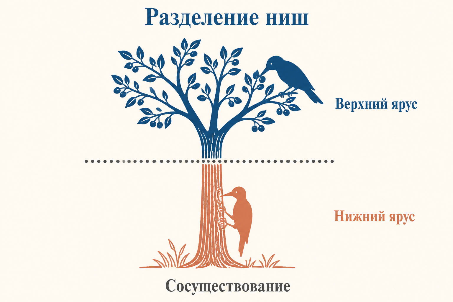 Разделение ниш: два вида птиц кормятся в разных ярусах одного дерева и потому сосуществуют