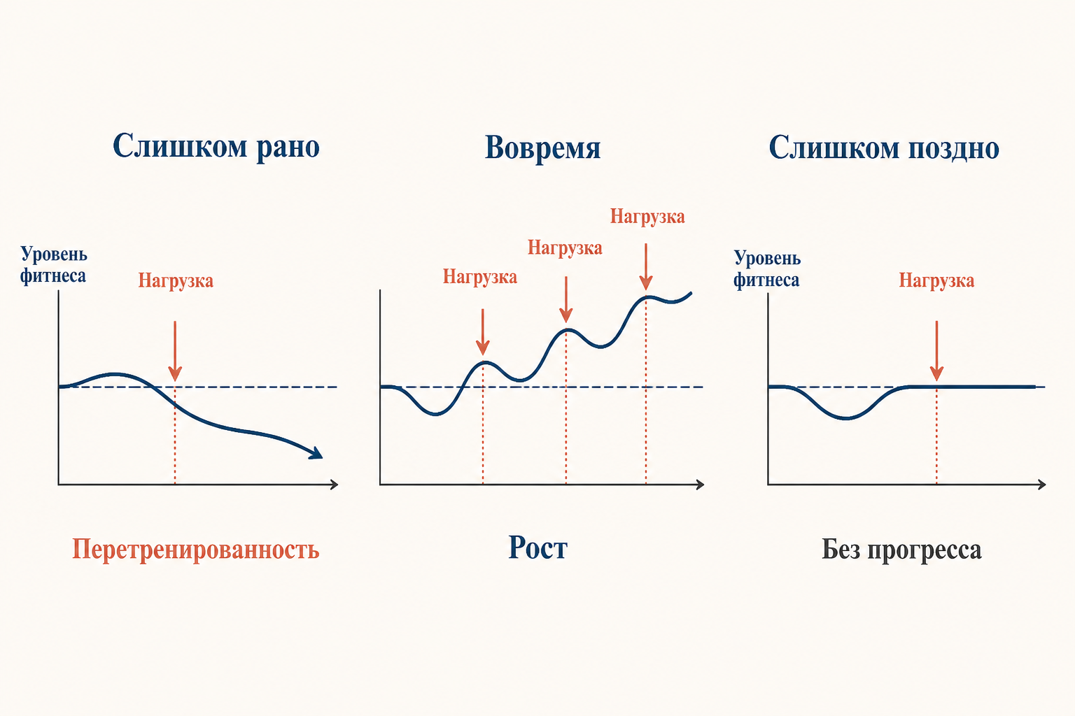 Кривая суперкомпенсации: после нагрузки уровень опускается в фазу восстановления, затем поднимается выше базового уровня и со временем возвращается к норме
