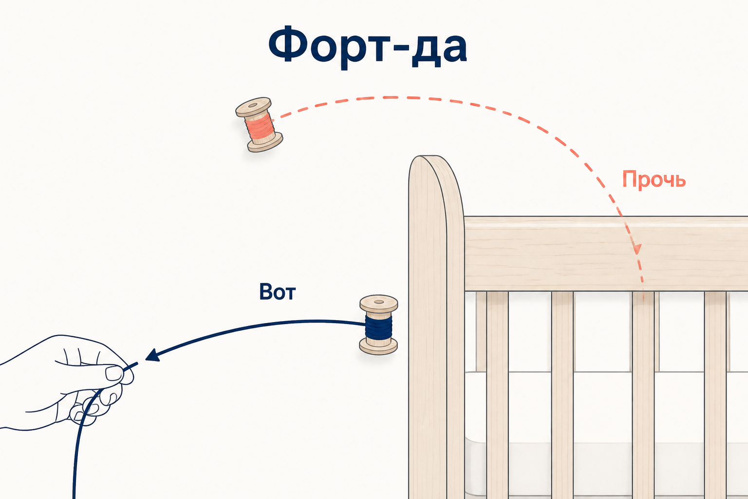 Катушка на нитке исчезает за краем кроватки и возвращается обратно: игра форт-да, в которой ребёнок раз за разом повторяет неприятное исчезновение