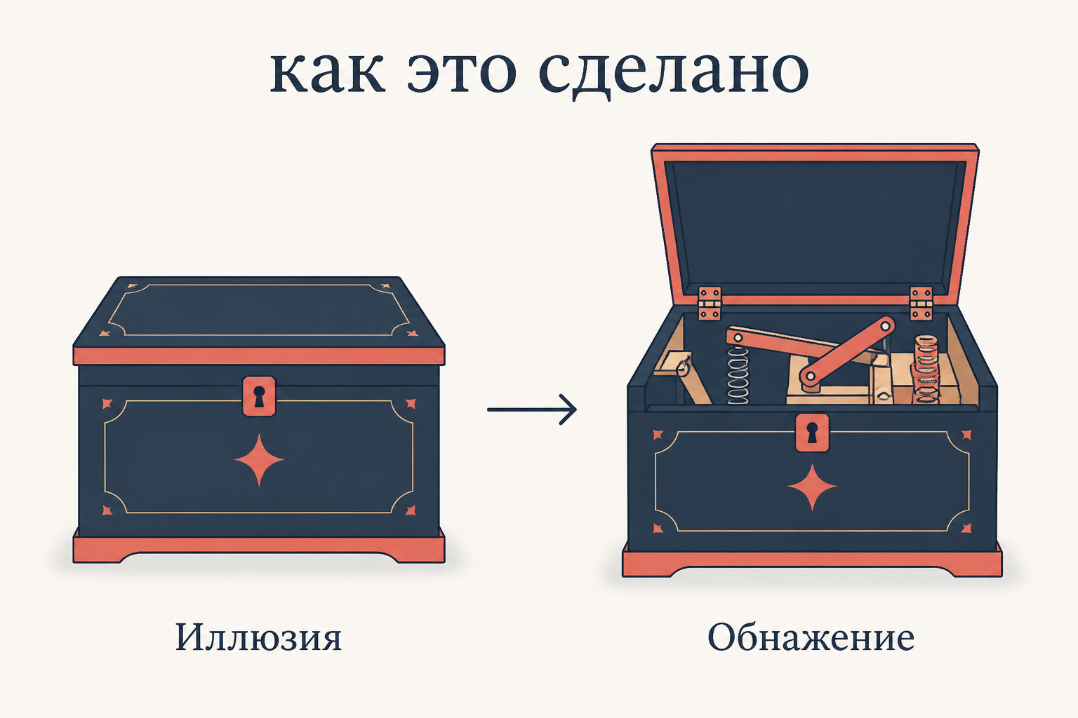 Иллюзия как закрытая шкатулка и обнажение как та же шкатулка с видимым механизмом внутри: техника перестаёт прятаться и становится предметом показа