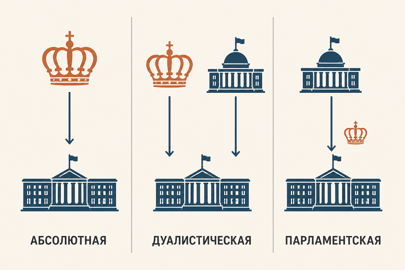 Сравнение форм правления: абсолютная монархия показывает прямую вертикаль от монарха к правительству, дуалистическая добавляет парламент для законов, парламентская передаёт политическую ответственность правительству и парламенту.