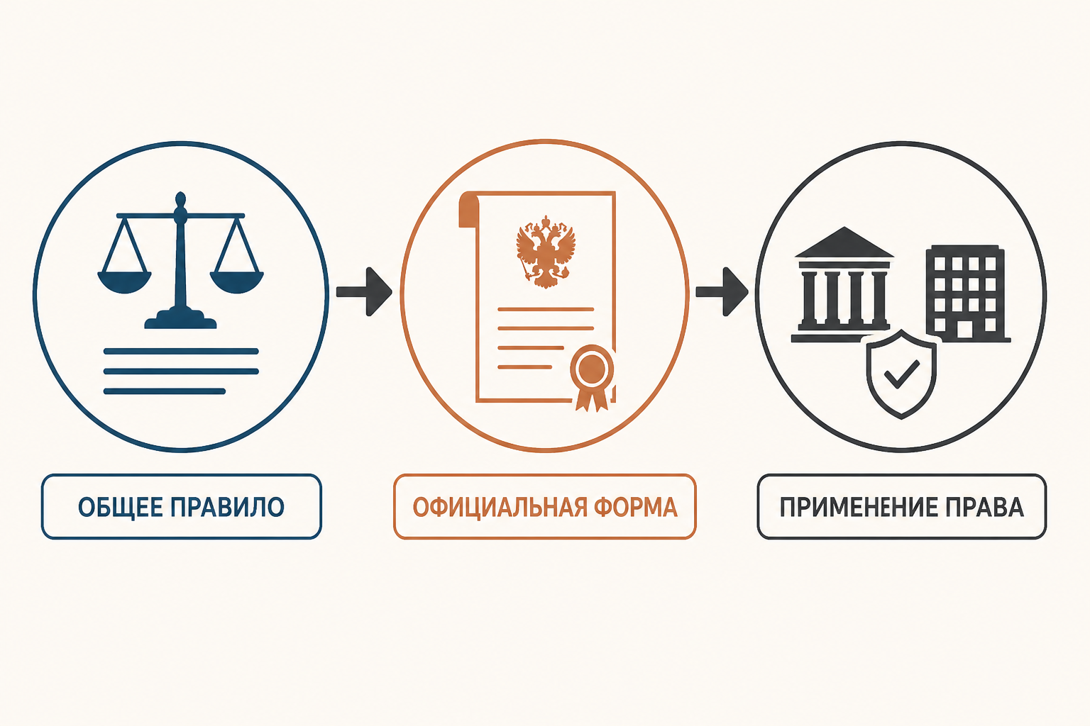 Схема пути правовой нормы от общего правила к применению государством
