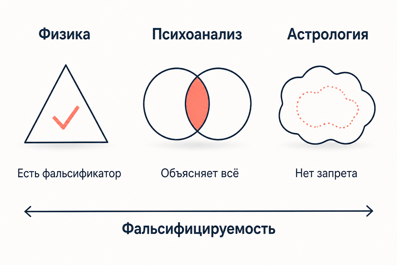 Схема: три теории и их отношение к опровержению - физика, психоанализ, астрология