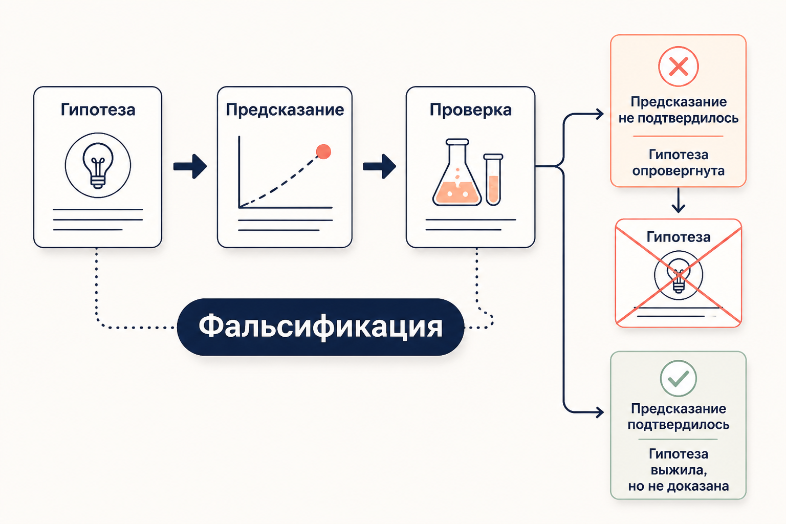 Схема фальсификационизма Поппера: выдвижение гипотезы, предсказание, проверка, опровержение или выживание