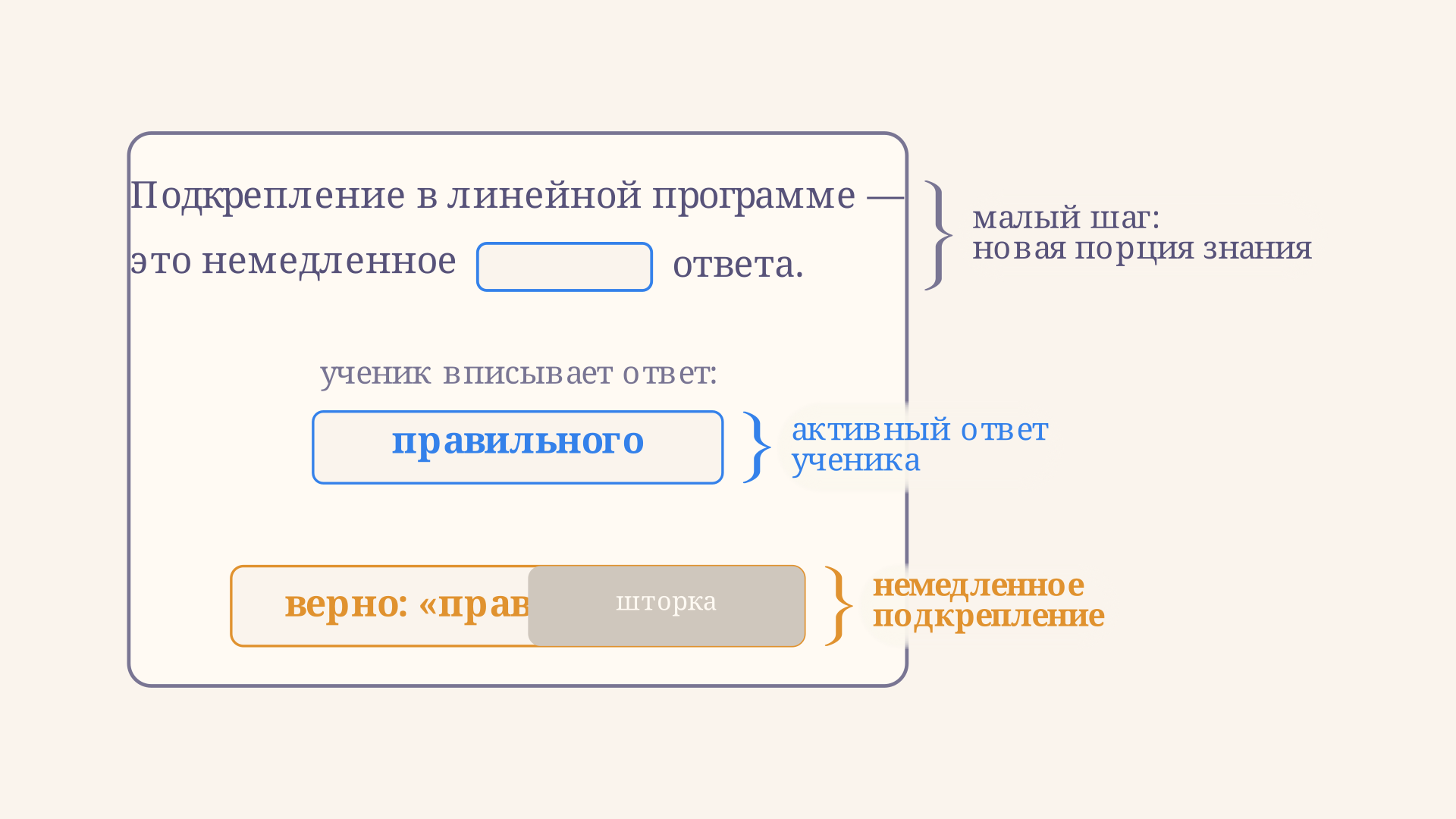 Один кадр линейной программы: короткая порция текста, пропуск для активного ответа ученика и закрытый правильный ответ, который открывается сразу после реакции и служит подкреплением
