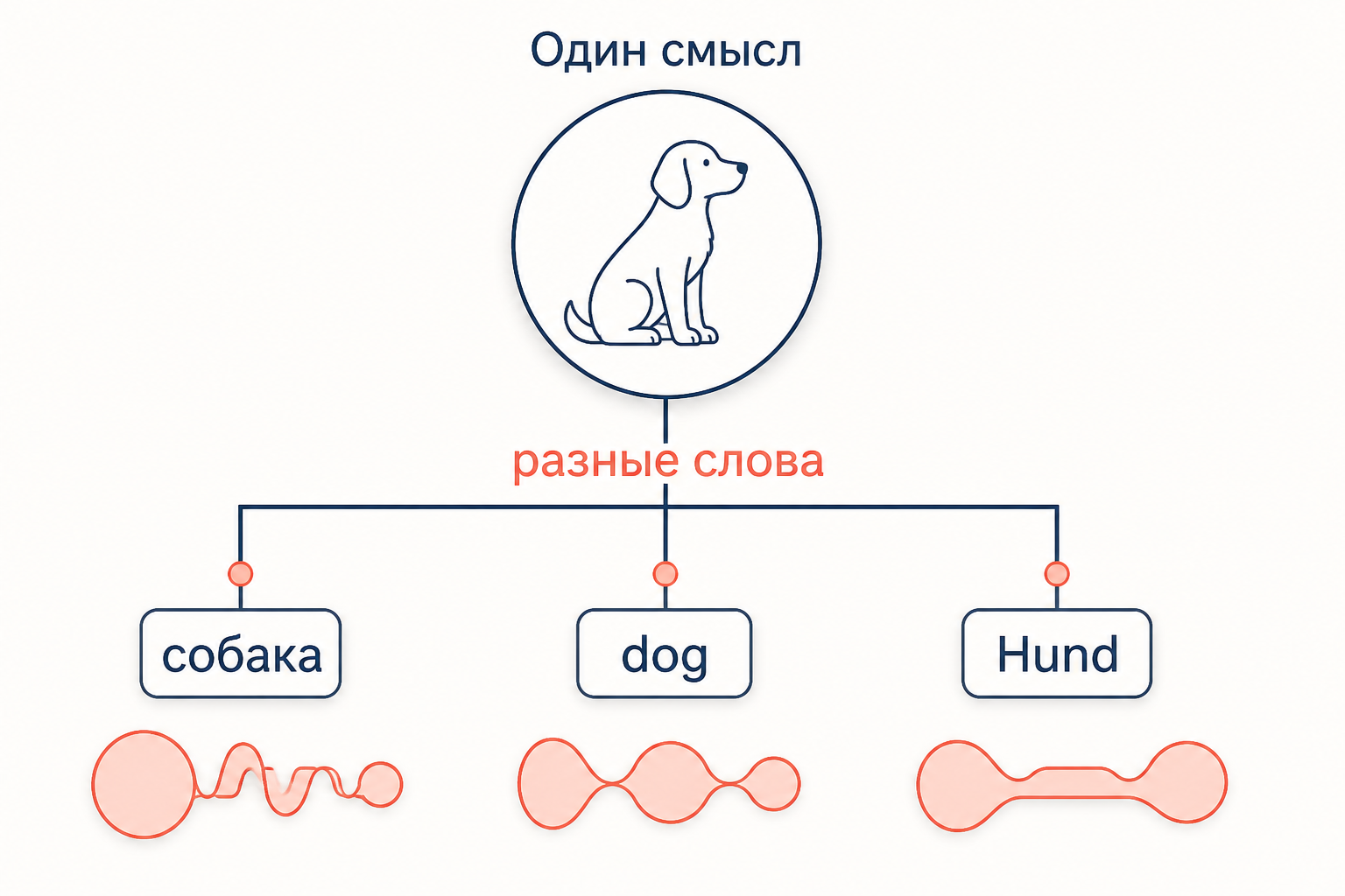 Один смысл и разные звуковые оболочки слова в русском, английском и немецком: означаемое одно, означающие произвольно различны