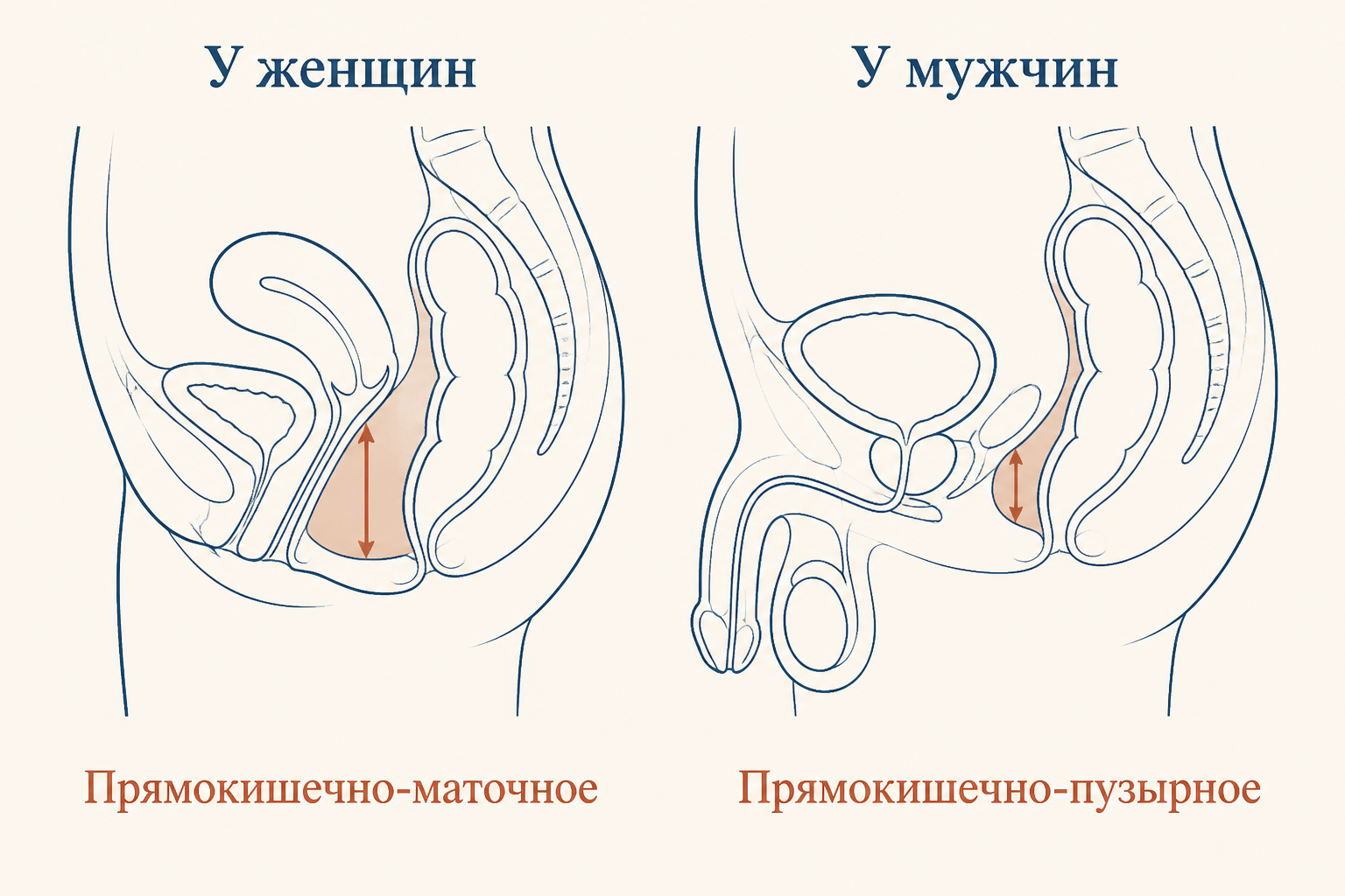 Сравнение нижнего кармана брюшины: глубокое прямокишечно-маточное углубление у женщин и прямокишечно-пузырное у мужчин