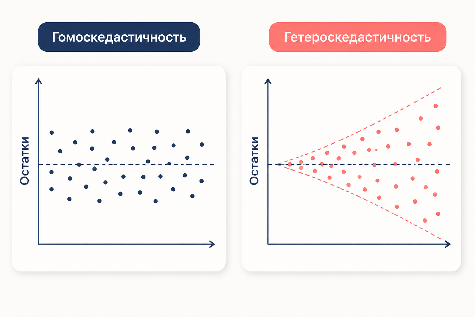 Веерообразный разброс остатков при гетероскедастичности