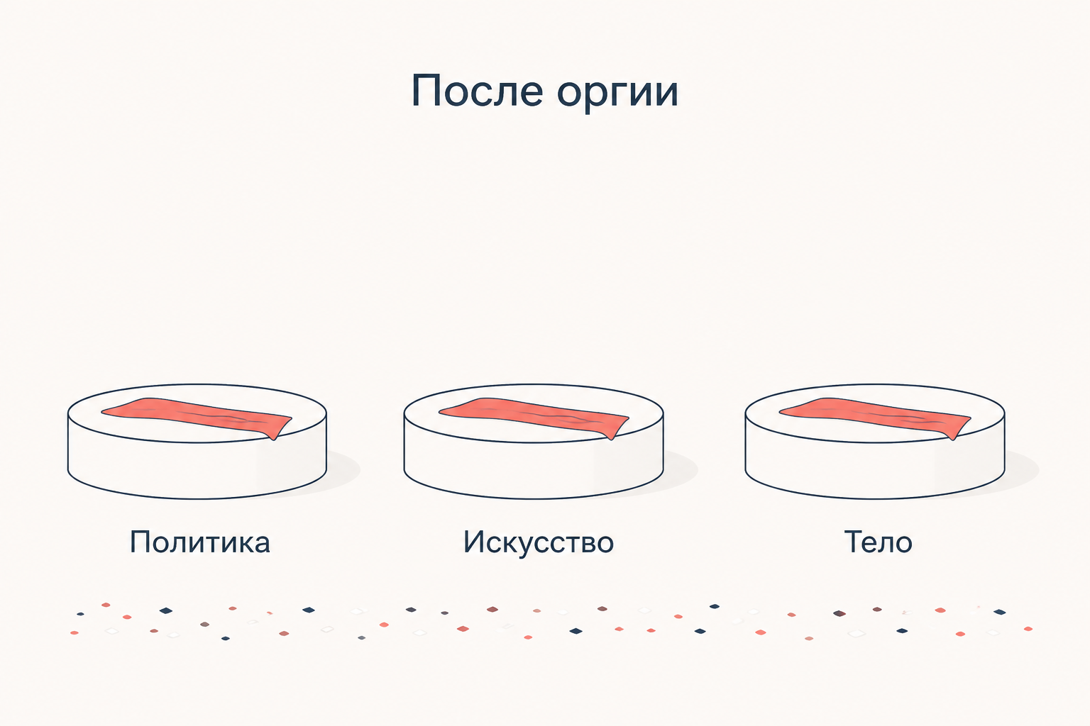 Пустая сцена с тремя опустевшими постаментами и лежащими флагами: политика, искусство и тело как уже состоявшиеся освобождения