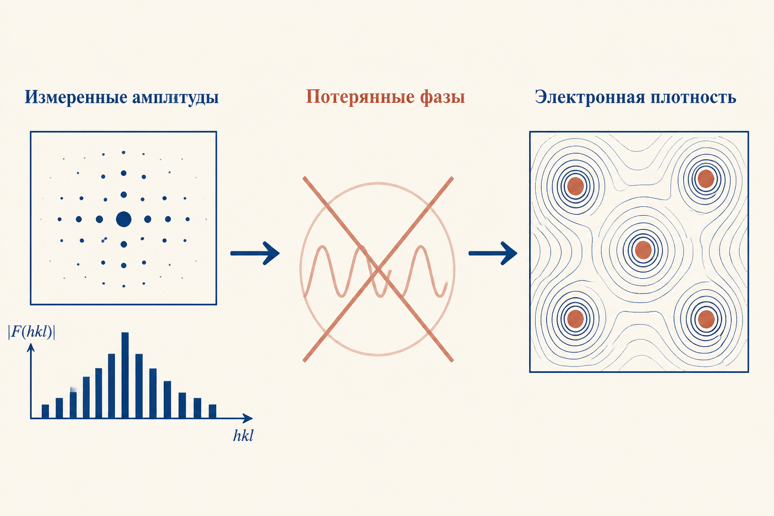 Схема фазовой проблемы: измеренные амплитуды дифракции, потерянные фазы и восстановление электронной плотности