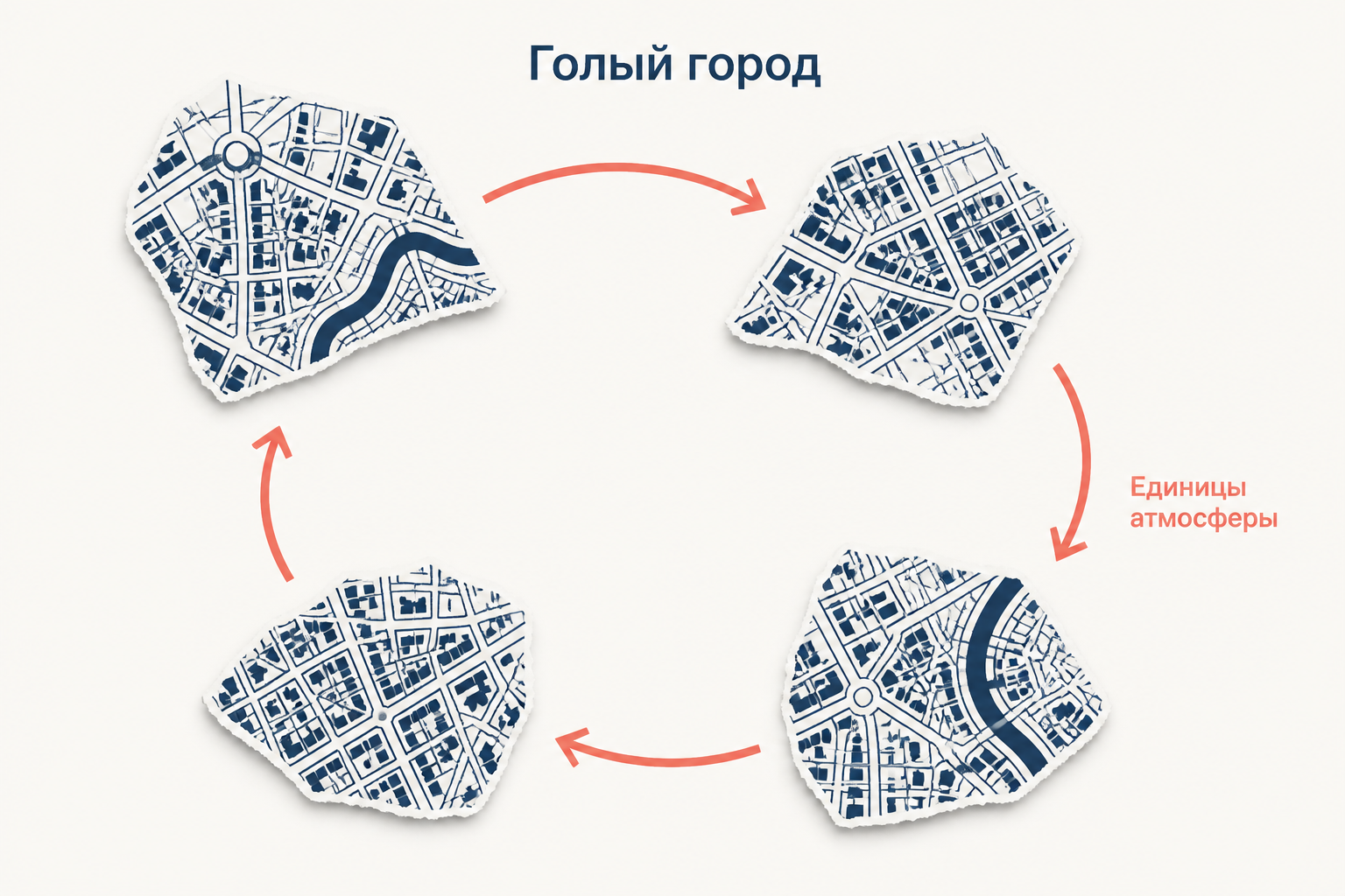 Разрезанная карта города: фрагменты сохранены как единицы атмосферы, промежутки выброшены, связи показаны стрелками