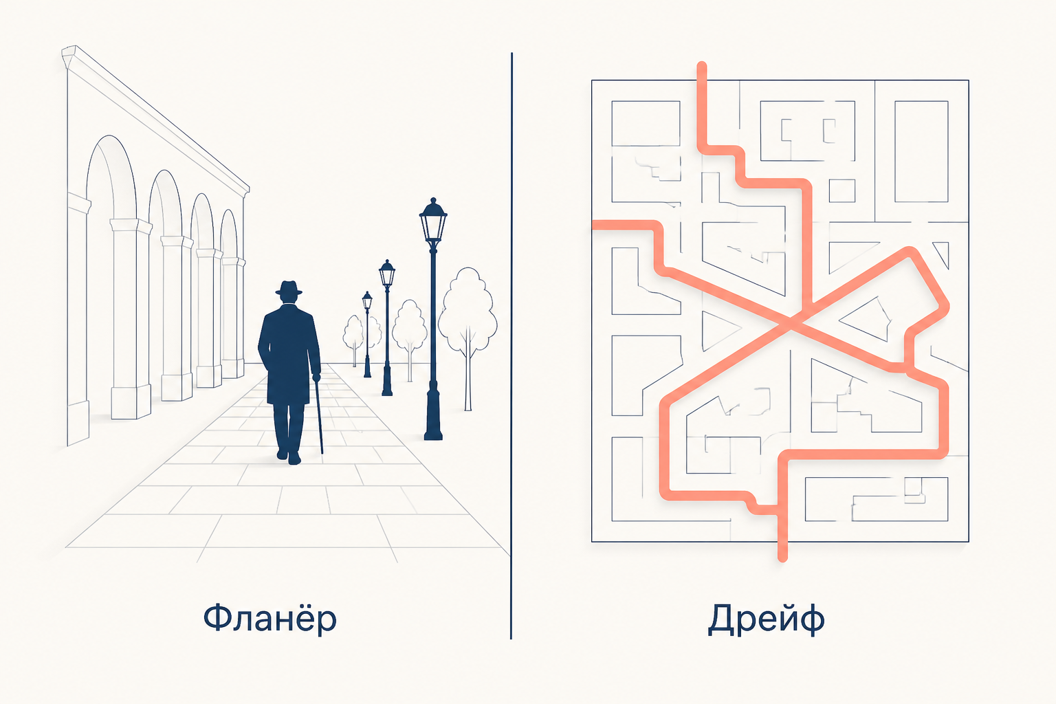 Два способа читать город пешком: наблюдающий фланёр и дрейфующая группа, которая ломает привычный маршрут