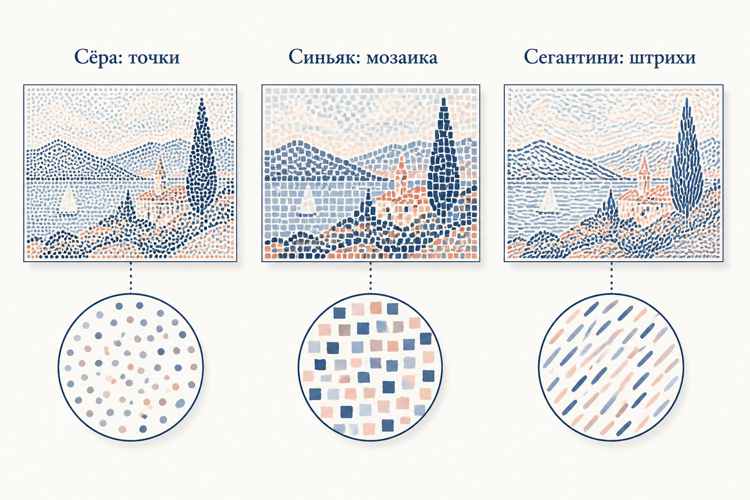 Сравнение дивизионистских техник нанесения мазка