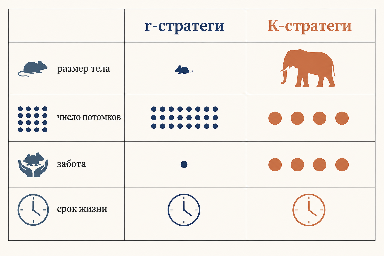 Сравнение признаков r-стратегов и K-стратегов: размер тела, число потомков, забота о потомстве и продолжительность жизни