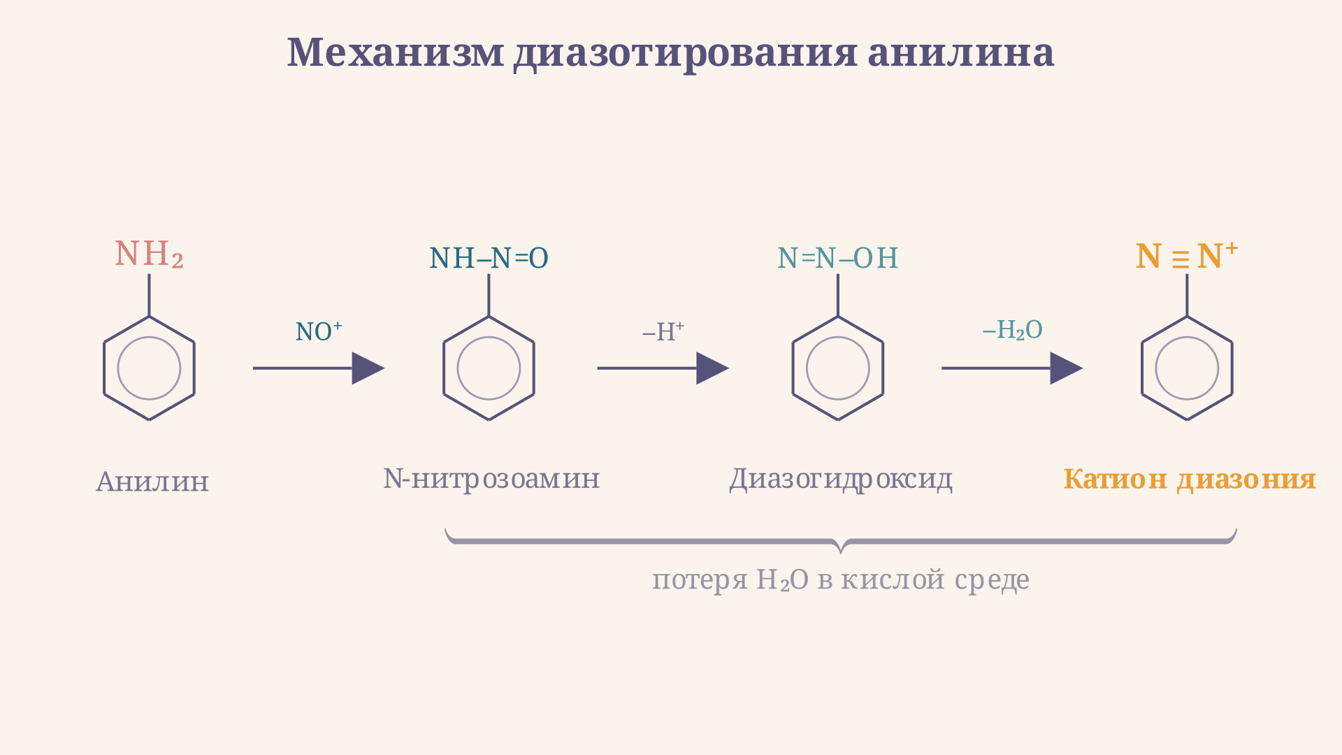 Схема механизма диазотирования анилина: нитрозоние атакует амин, через N-нитрозоамин и диазогидроксид к катиону диазония