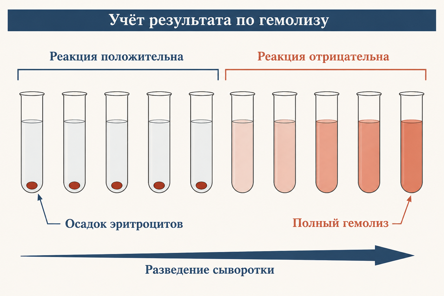 Учёт результата РСК по ряду пробирок: при положительной реакции эритроциты оседают на дно, при отрицательной наступает полный гемолиз; ряд идёт по нарастающему разведению сыворотки.