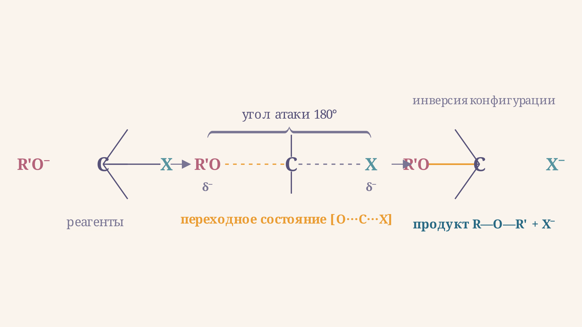 Механизм реакции Вильямсона: тыльная атака алкоксида, переходное состояние SN2 и уход галогенид-иона