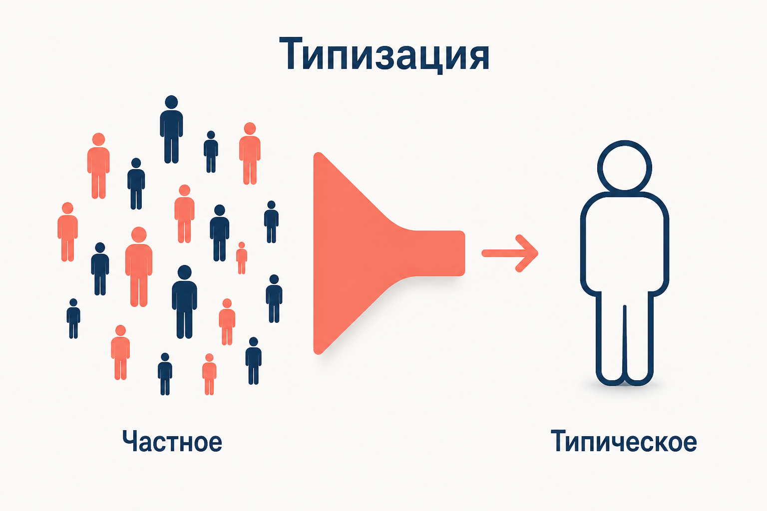 Схема типизации в реализме: множество разных частных судеб через воронку обобщения превращается в один типический характер