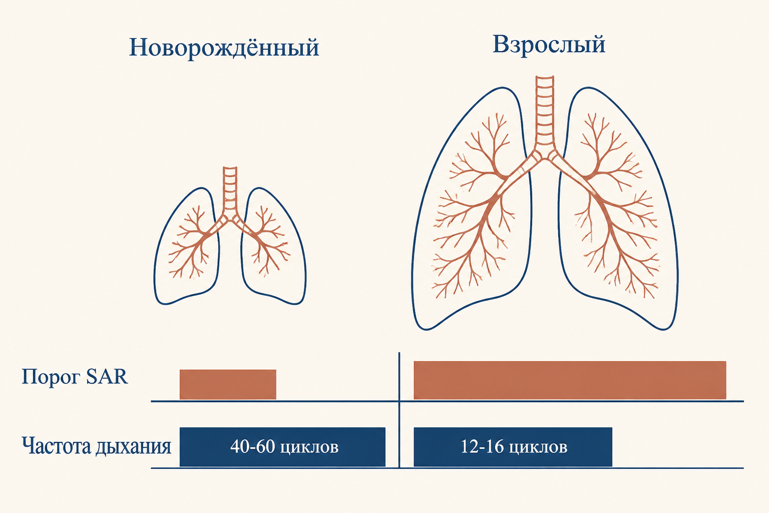 Сравнение порогов активации SAR и дыхательного паттерна у новорождённого и взрослого