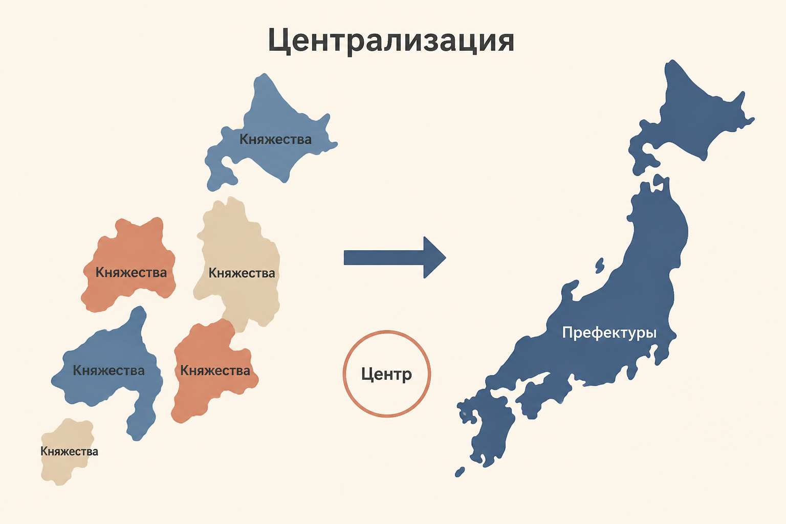 Схема перехода от княжеств к централизованным префектурам в Японии Мэйдзи