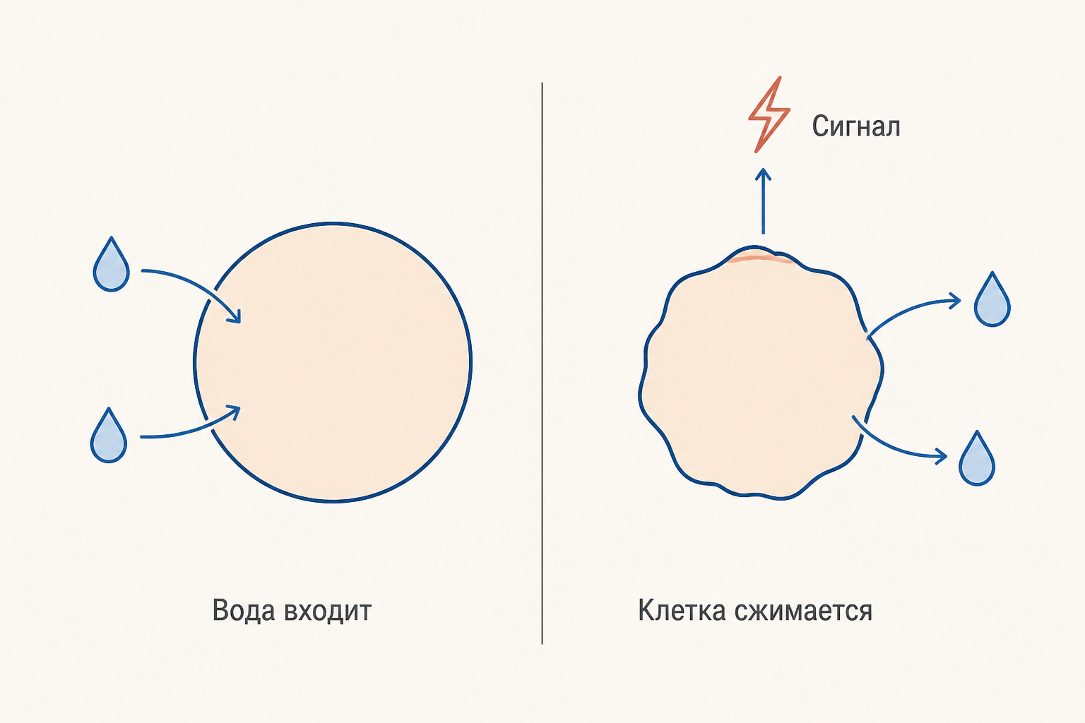 Осморецептор набухает при разведении плазмы и сжимается при её концентрировании, а сжатие запускает сигнал