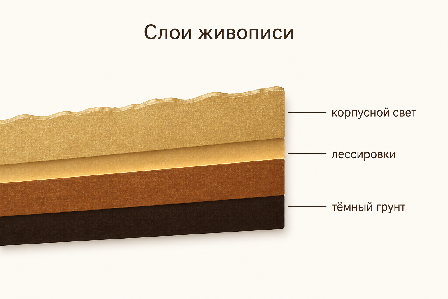 Схема слоёв живописи: тёмный грунт, коричневый подмалёвок, тонкие лессировки и толстый корпусной слой светов