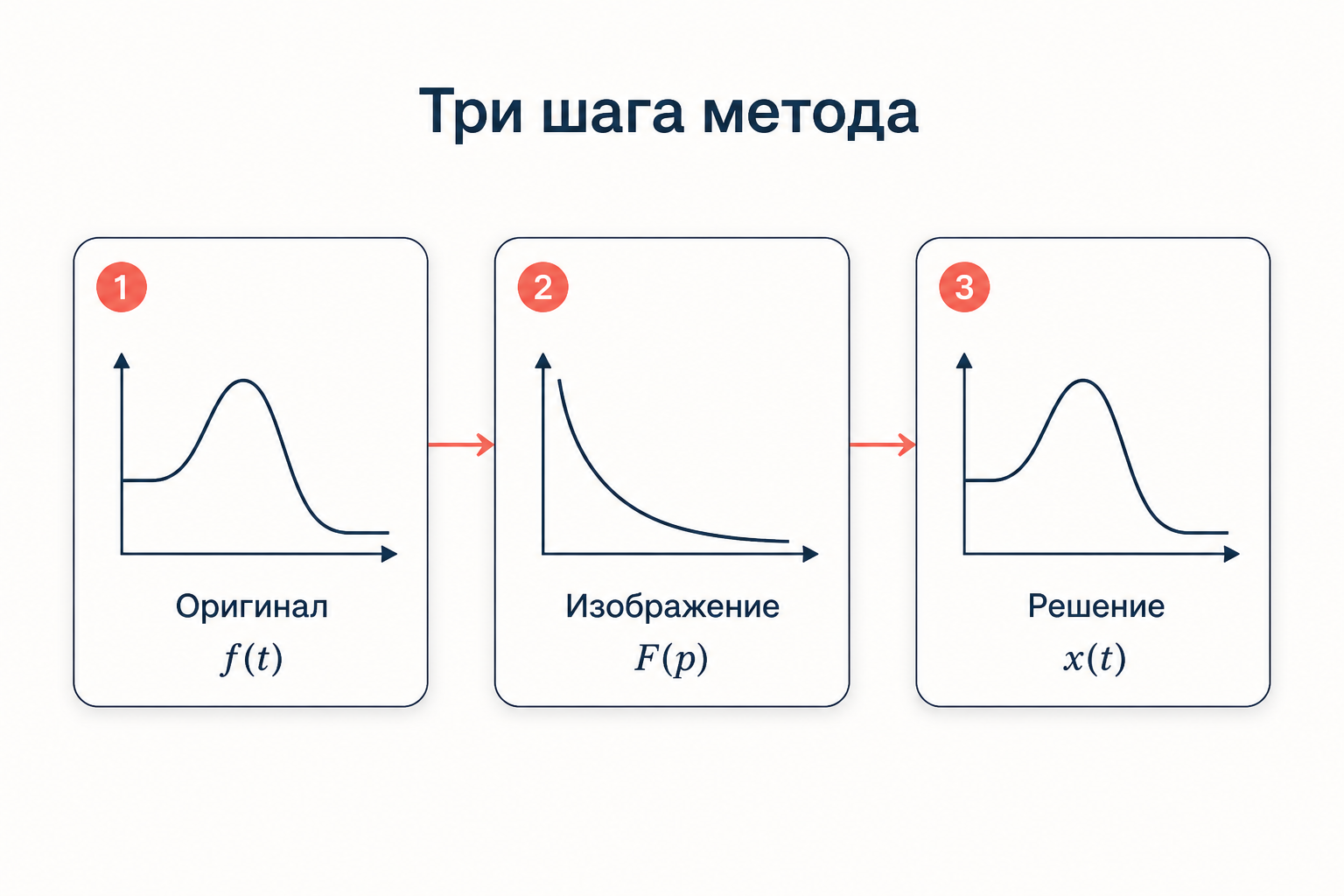 Три шага операционного метода: оригинал f(t) переходит в изображение F(p), а после решения мы возвращаемся к оригиналу x(t)