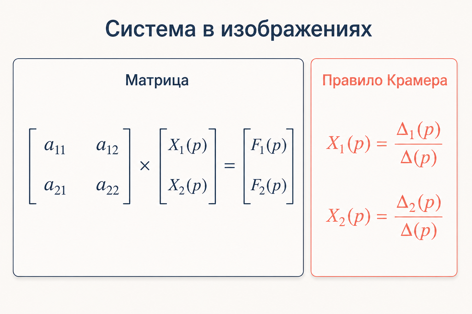 Система в изображениях как матричное уравнение: коэффициентная матрица, столбец изображений и решение по правилу Крамера через определители