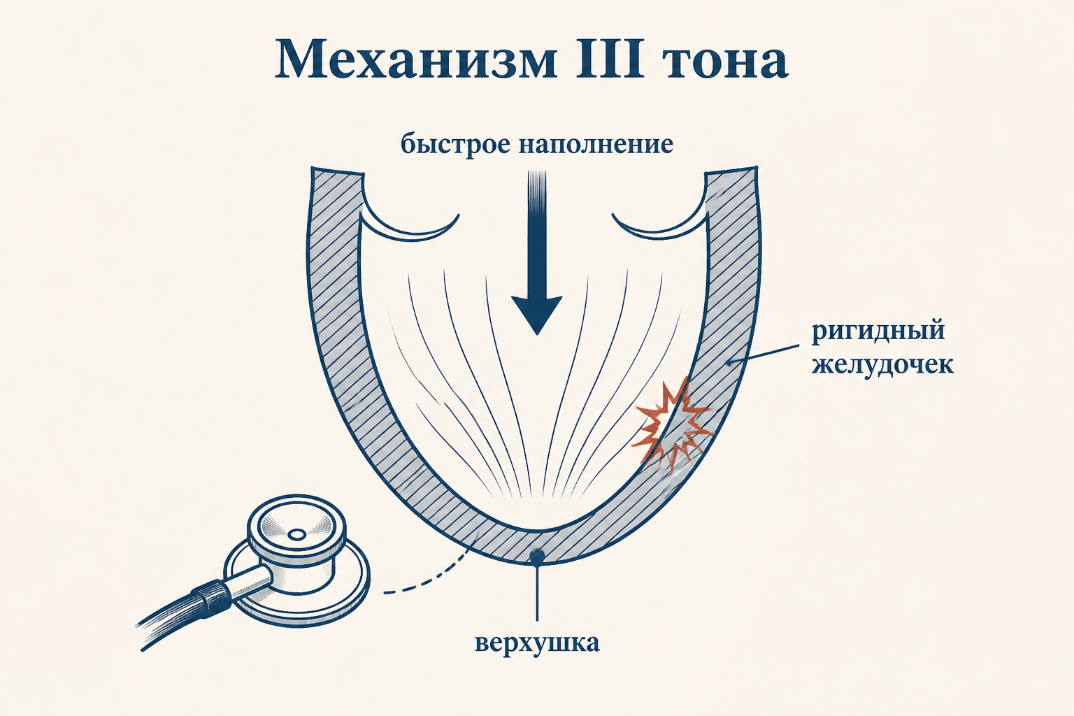 Механизм III тона: быстрое наполнение крови в раннюю диастоту резко тормозится о ригидный левый желудочек, колебания дают добавочный звук у верхушки