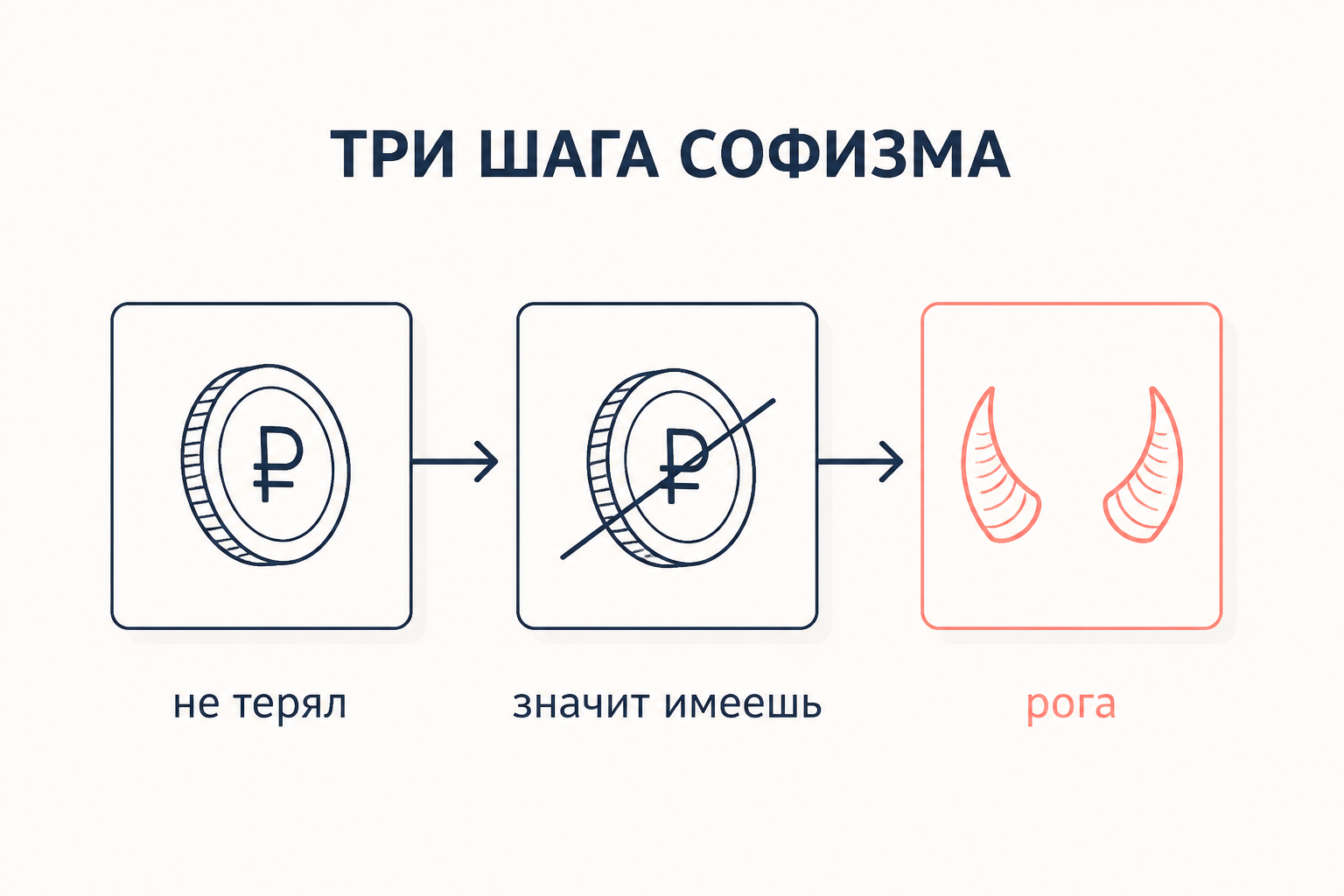 Три шага рогатого софизма: монета как то, что есть, перечёркнутая монета как не терял, и рога в финальном выводе