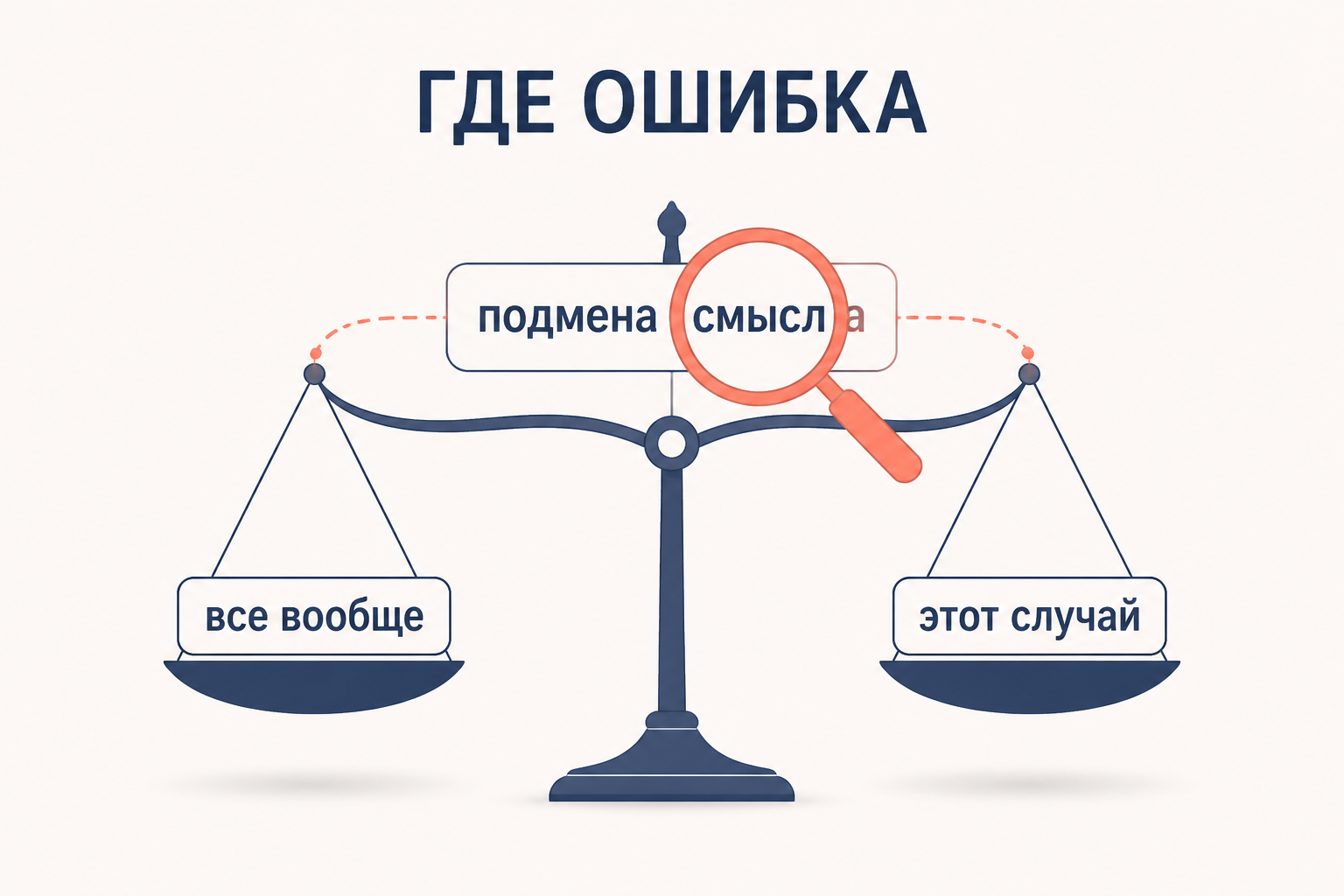 Весы: общее утверждение против частного случая, лупа подсвечивает подмену смысла слова